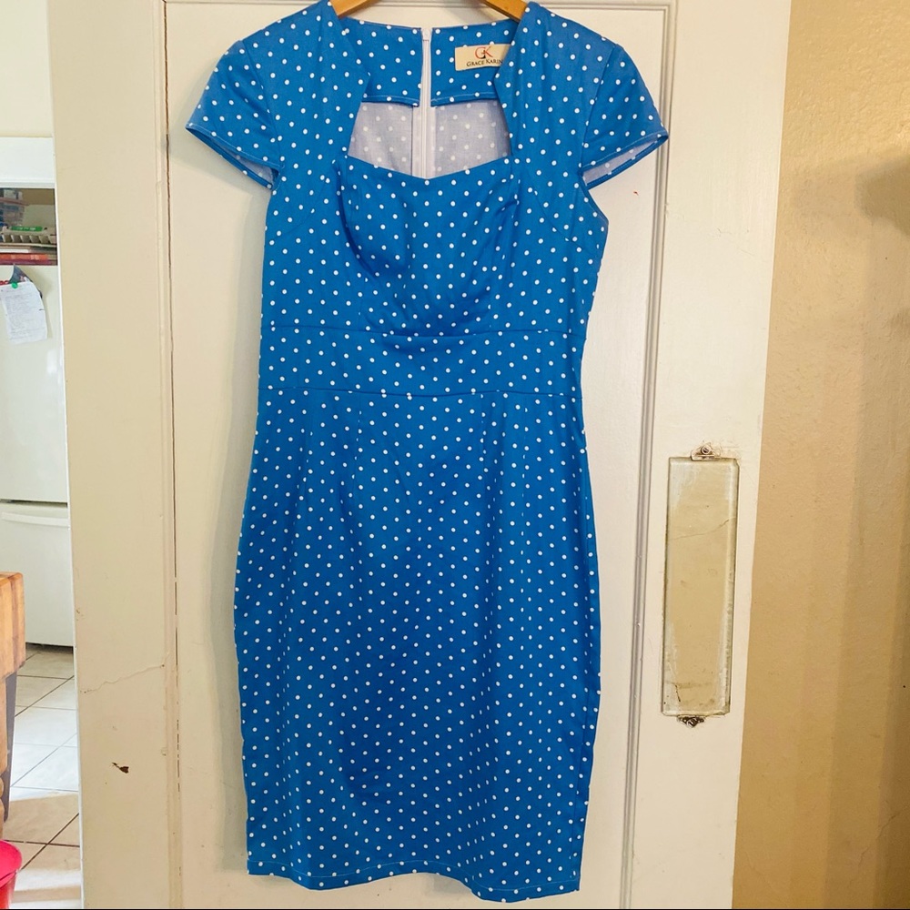 Grace Karin Blue Polka Dot Midi Dress